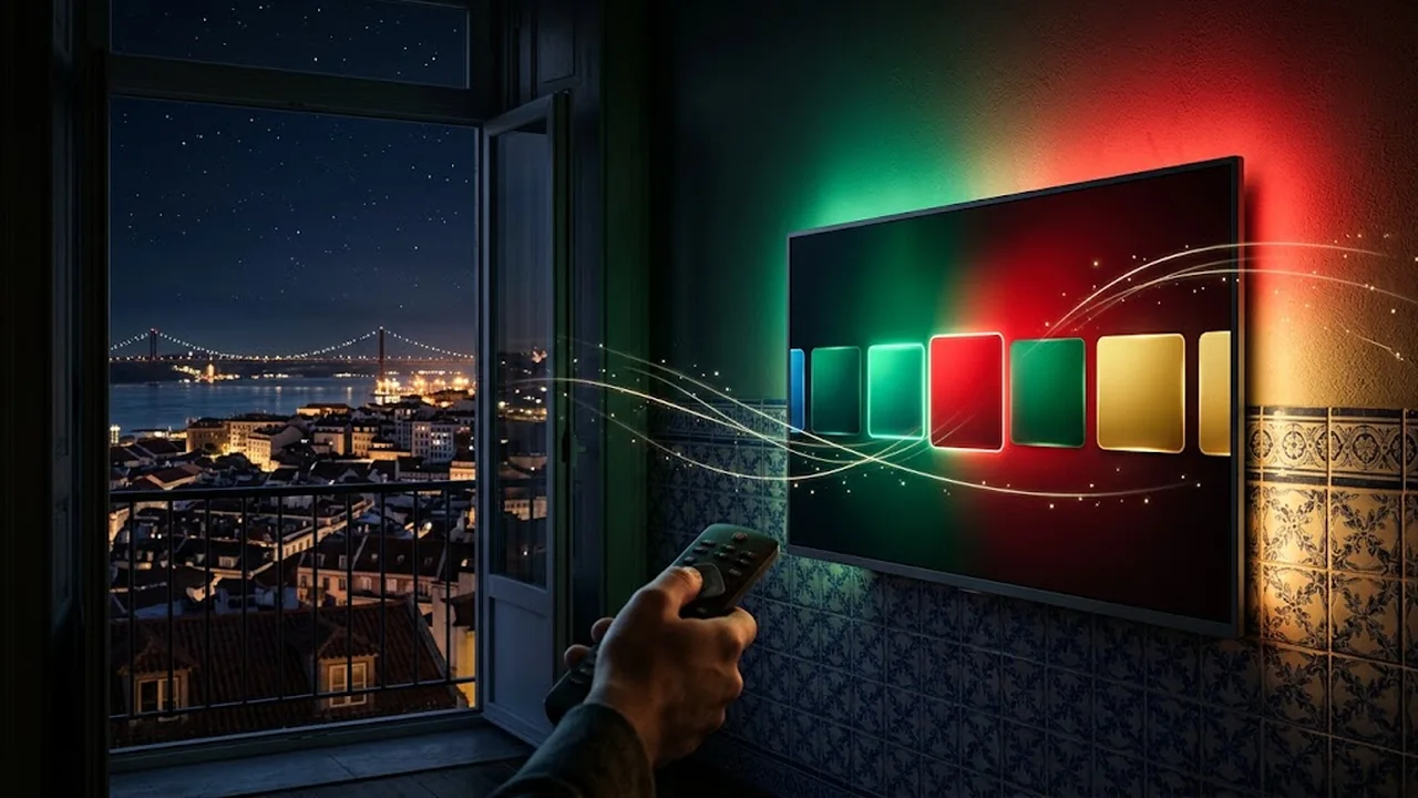 Smart TV numa parede de azulejos a mostrar várias aplicações para escolher com o comando.