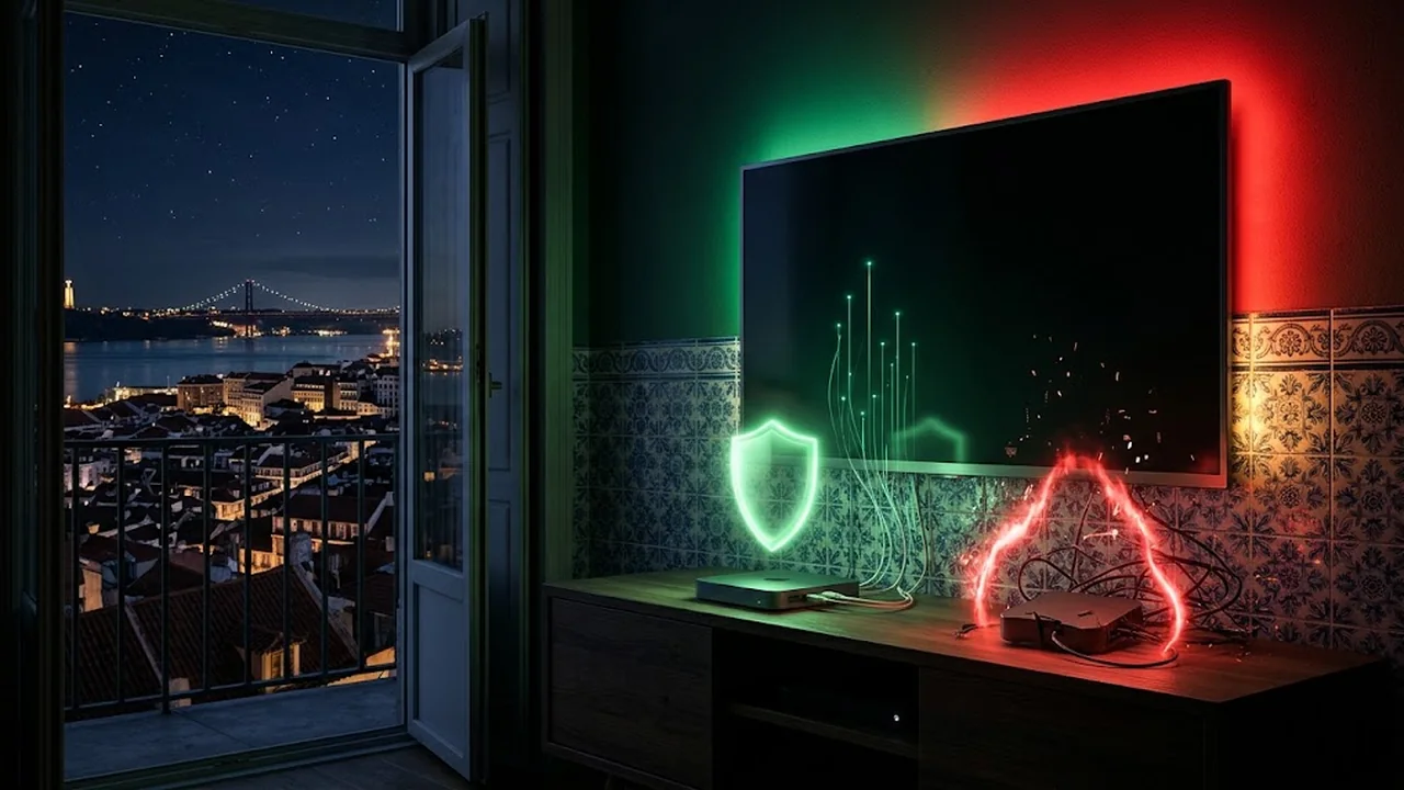 Duas caixas de televisão lado a lado: uma certificada com escudo verde, outra genérica com aviso vermelho.