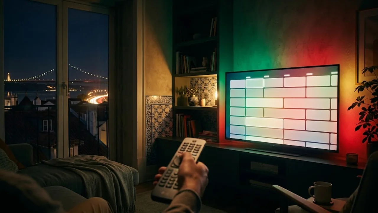 Televisão a mostrar uma grelha de programação luminosa, com comando na mão.