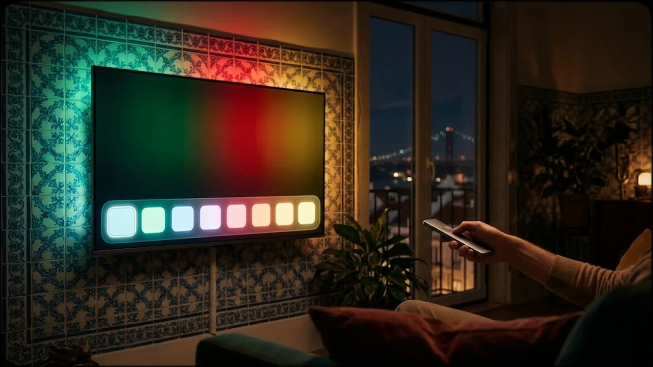 Smart TV numa sala com azulejos, com barra de aplicações e um comando apontado.
