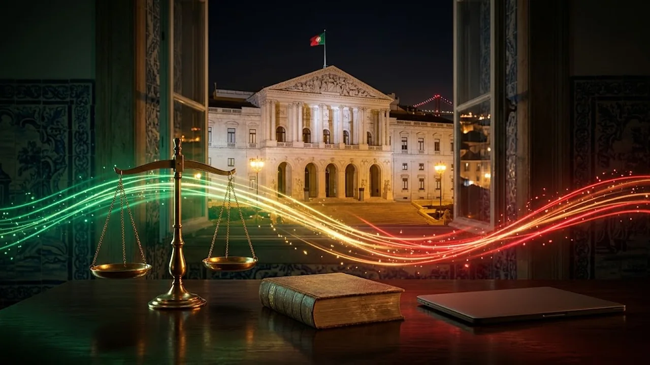 Balança da justiça dourada, livro de lei e o Palácio de São Bento iluminado ao fundo.