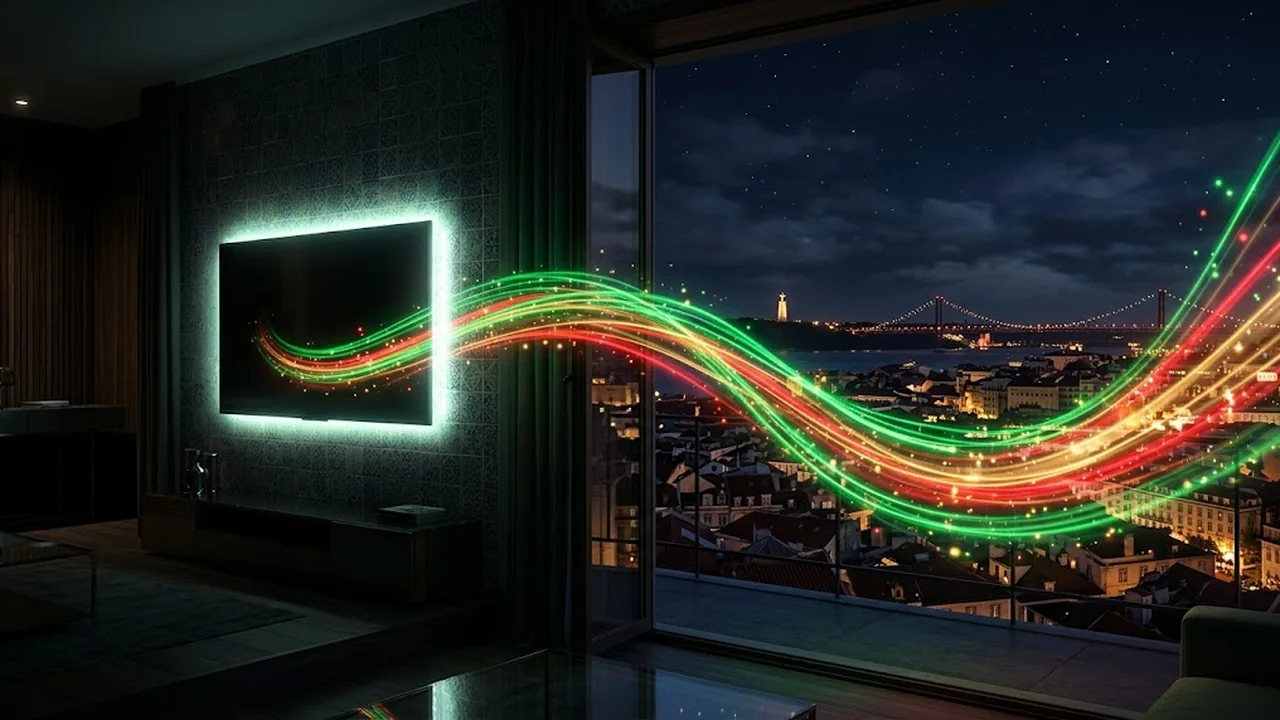 Ecrã vazio a receber um rio de luz vindo de fora, sobre Lisboa à noite.