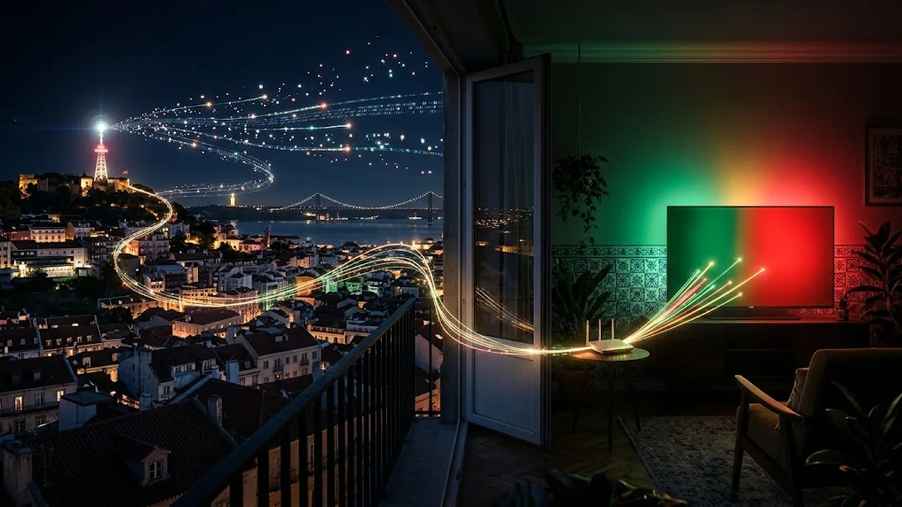 Pacotes de luz a viajar de uma antena em Lisboa, pela fibra e pelo router, até à televisão.