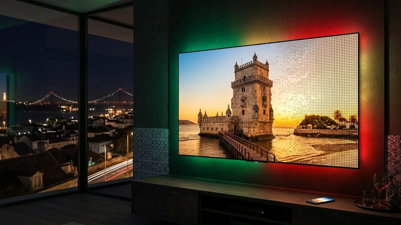 Televisão grande com a Torre de Belém em grande detalhe, a mostrar o valor do 4K.