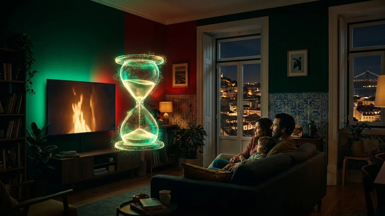 Sala em Lisboa com a família a ver televisão e uma ampulheta luminosa a lembrar o teste.
