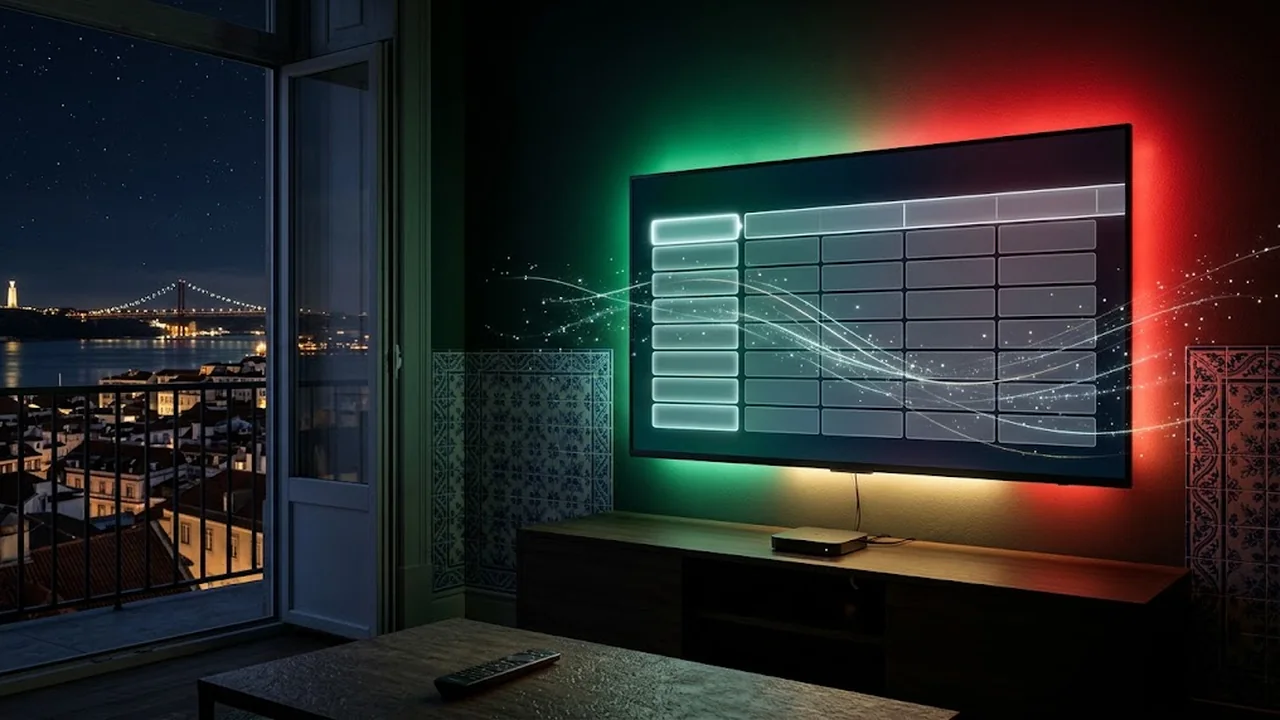 Televisão com um guia de programação elegante e uma pequena caixa Android TV por baixo.