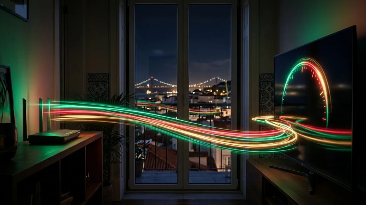 Router Wi-Fi a emitir fluxos de dados rápidos até à televisão.